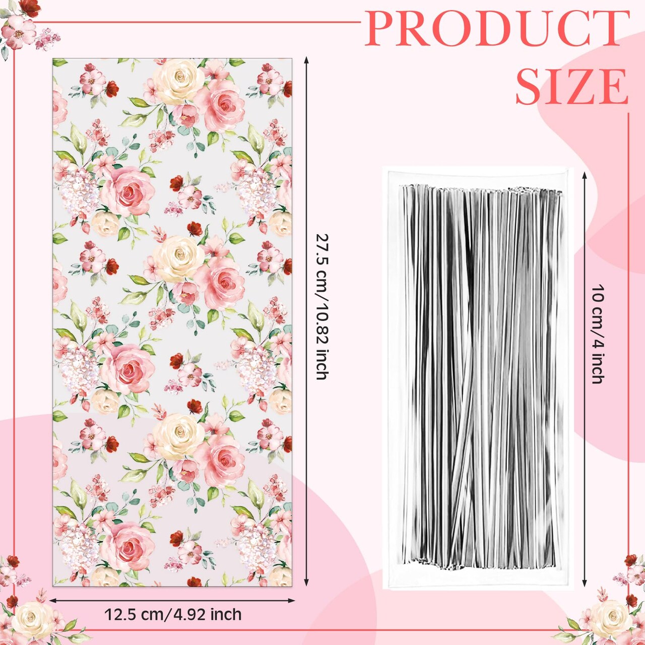 100 Pieces Eucalyptus Party Cellophane Treat Bag Floral Candy Bags for Baby Shower Wedding Bridal Shower Supplies Favors Decorations Birthday Theme Greenery Floral Graduation Decor (Flowers)